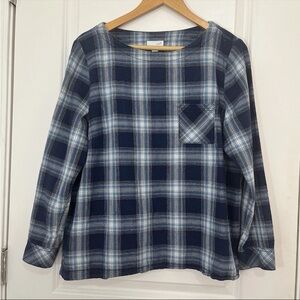 J. Jill Top Womens PL Blue Plaid Button Back Flannel Shirt 100% Cotton Ginghams